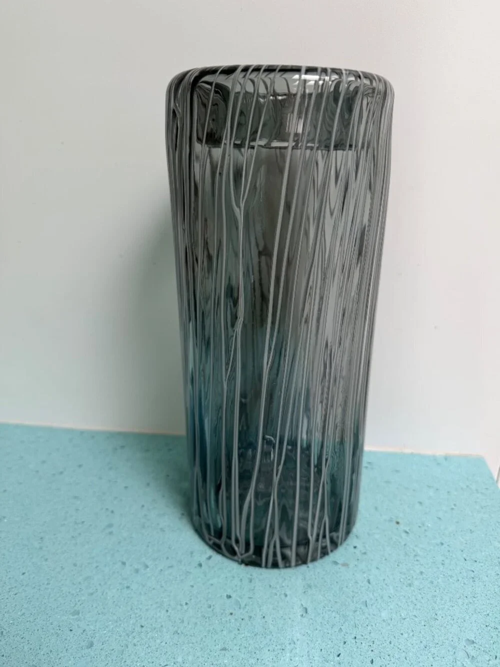 Murano Handblown Translucent Vase With Melted Threads Gray Clear White Vintage